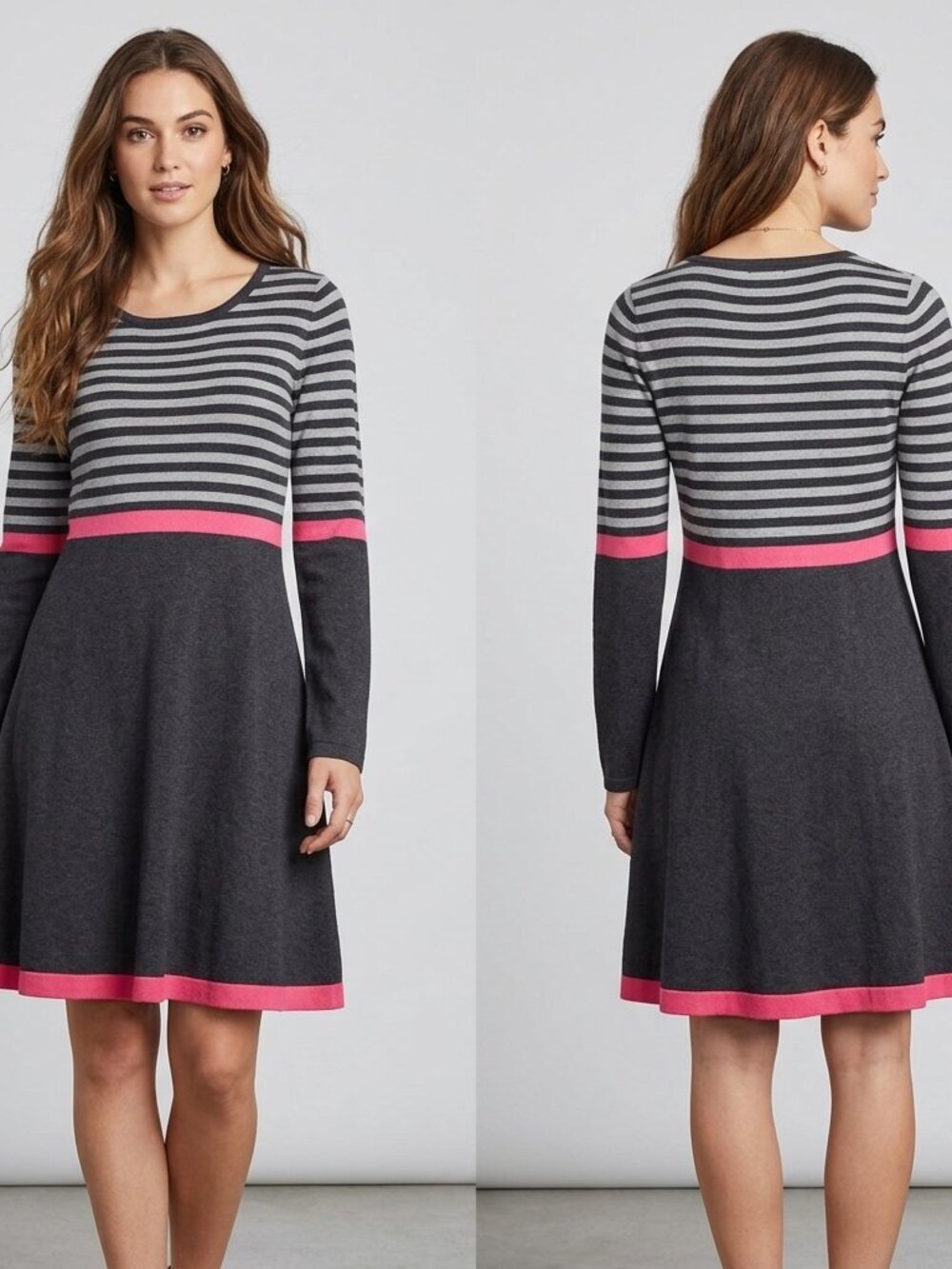 Eliza J Striped Knit Fit & Flare Sweater Dress Grey Pink Long Sleeve Size L